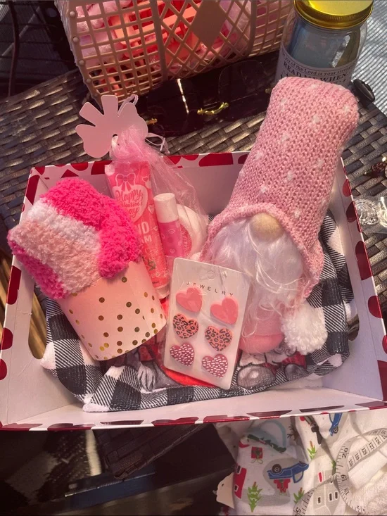 Pink Knit Gnome Gift Set with Heart Earrings