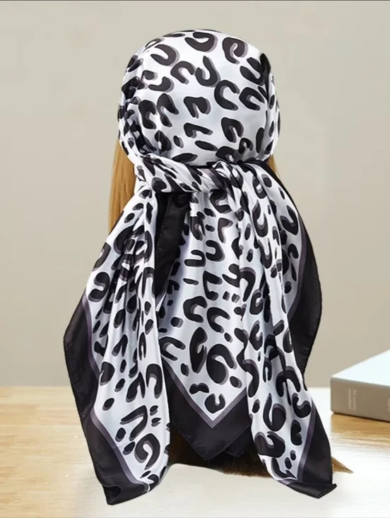 Women Leopard Print Square Satin Scarf, 35