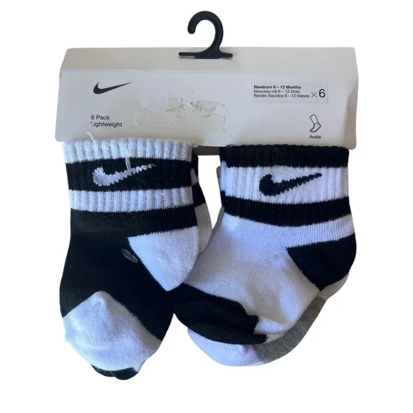 Nike Baby 6 Pack Lightweight Ankle Socks Black White Grey 6-12 Months NN0663-001