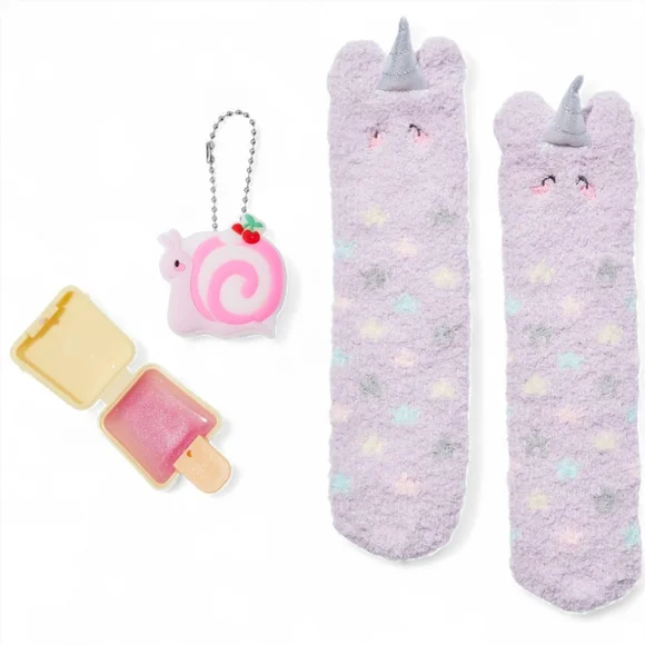 Claire's Club Unicorn Cozy Socks + Pucker Pops Pink Swirl Snail Lip Gloss Bundle