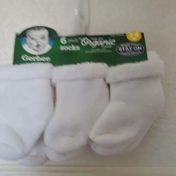Gerber Baby White Socks Boys & Girls Plush 6 Pack Size 3-6 Months Organic Cotton
