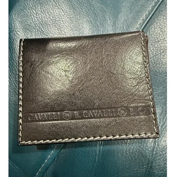 B. Cavalli Men's Brown Bifold Wallet Money Clip Card Slots Logo Accent