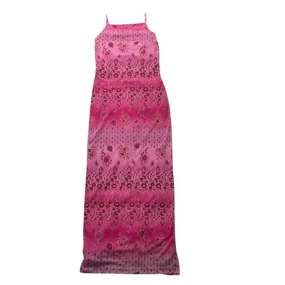 Y2K Pink Floral Paisley Babydoll Maxi Dress Size Medium Vintage Feminine