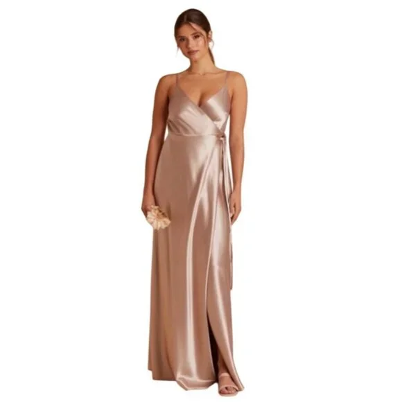 Birdy Grey Cindy Satin Bridesmaid Dress Size S NWT Taupe Wrap Tie‎ Wedding Guest