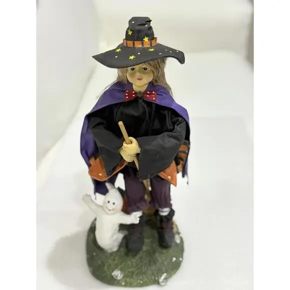 Vintage Halloween Witch Figurine‎ with Ghost – Hand Painted Fabric Doll