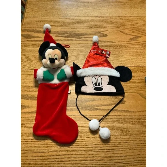 Disney Mickey Mouse Christmas Stocking Kurt S Adler & Sequin Santa Hat Bundle