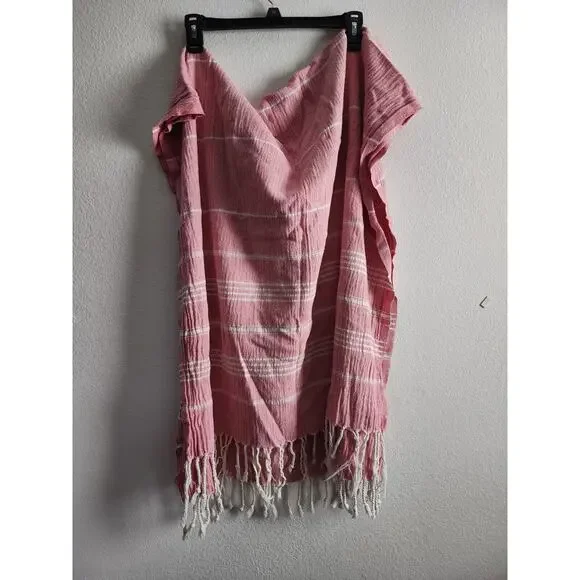 Red White Striped Fringe Wrap Shawl Oversized Scarf Beach Coverup Boho Woven