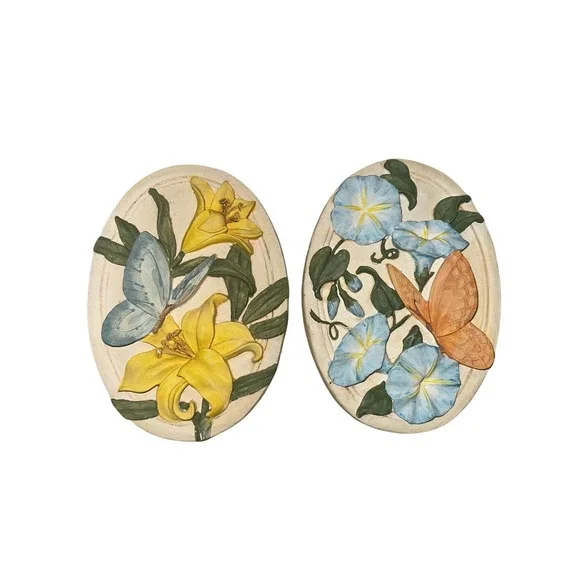 Vintage Avon Butterfly Flower Wall Plaques Set Cottage Fairy Lily Morning Glory