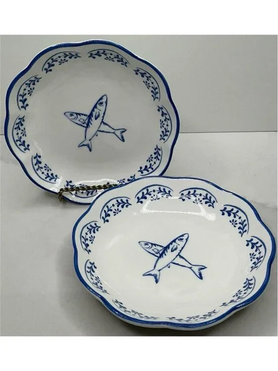 2 Small Cat Bowl, Pet Bowl, Pretty Blue & White Pet Food Dish FISH Ceramic New