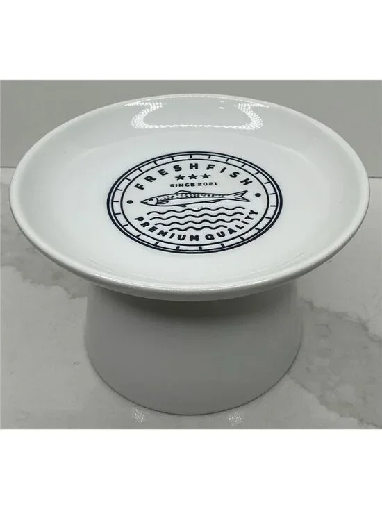 Signature Elevated Bowl Cat Ceramic Fresh Fish Design White New