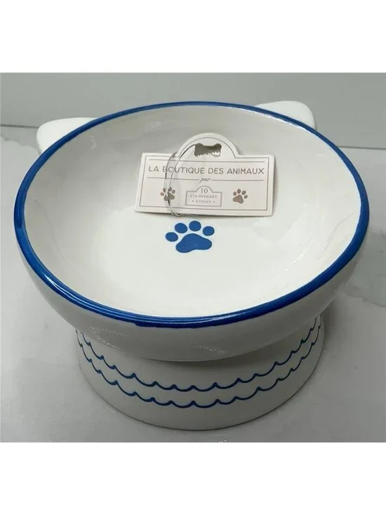 Elevated Cat Bowl 10 Strawberry Street White Blue Ceramic Food Water Dish New