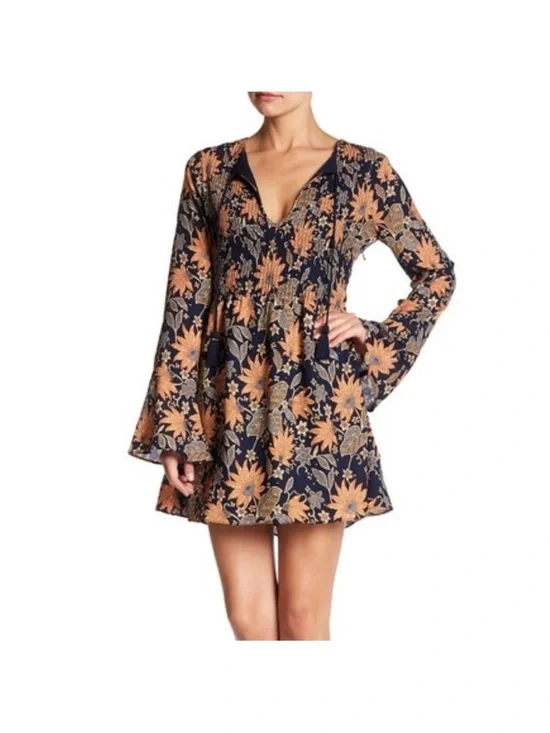 Tularosa Audrey Himalayan Floral Print Boho Navy Dress Size Small