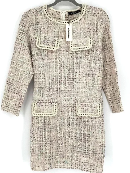CBR Chic Boutique Tweed Dress Women’s XL Long Sleeve Textured Cream Multi Pocket