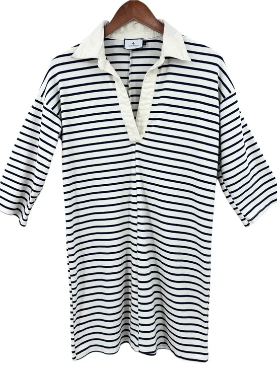 TUCKERNUCK Dress Ashton Knit Polo Stripe Preppy Nautical Blue Cream