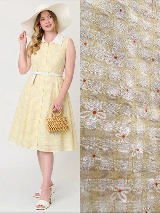 Unique Vintage Butter Yellow Embroidered Daisy Midi Dress 2X Retro 1950s Gingham
