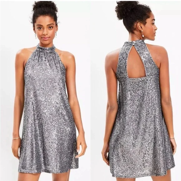 LOFT Shimmering Silver Backless Dress