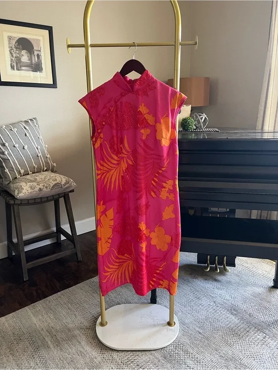 JS Collections vintage Pink and Orange Floral Mandarin-Collar silk Midi Dress