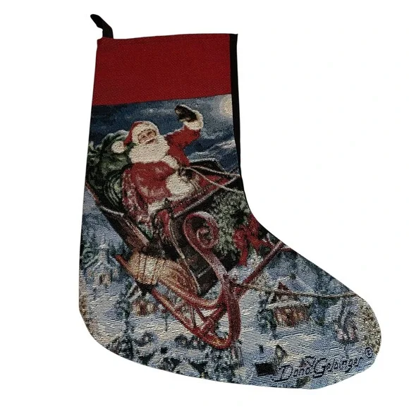 Dona Gelsinger Santa Delivering Sleigh Tapestry Christmas Stocking NEW