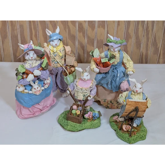 Vintage Paper Mache / Resin Easter Bunny Figurines Set of 6 (1 missing foot)