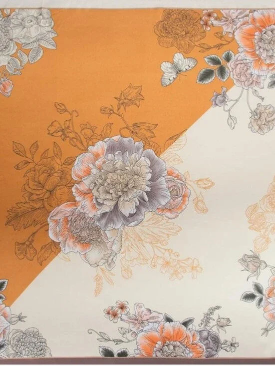 Womens Silk-Like Satin Scarf Features A Diagonal Orange And Cream Floral Pattern