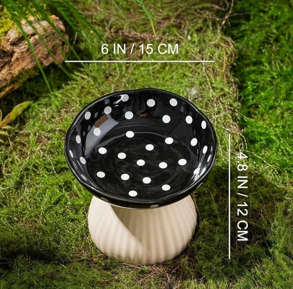 BlackMushroom Raised Cat Bowl, Cute Polka Dot Safety Ceramic Elevated Cat Bowl.