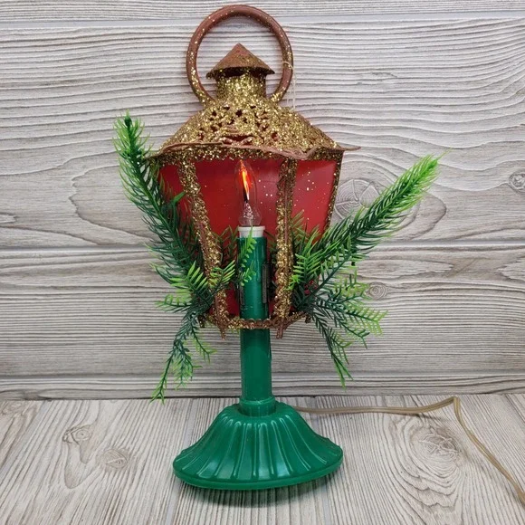 Beacon Electrified Christmas Lantern Vintage Red Green Gold Glitter E-15807