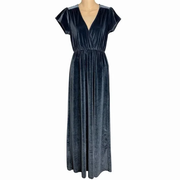 Baltic Born Faux Wrap Maxi Dress Blue Velvet Flutter Sleeve Empire‎ Waist S