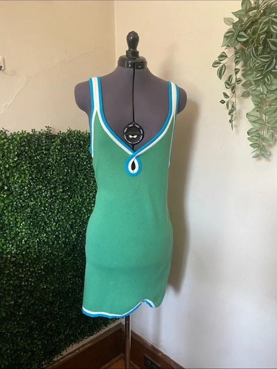 Free People Green Knit Tank Dress with Blue and White Trim