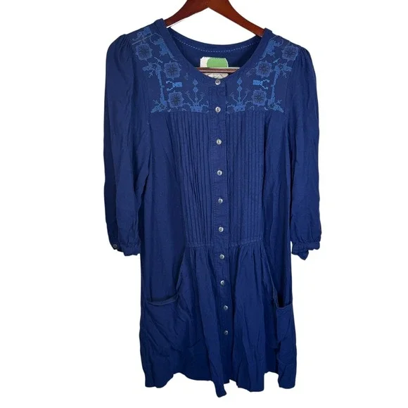 Anthropologie Dubois Embroidered Tunic Dress Blue Womans Size 12 Boho Lagenlook‎
