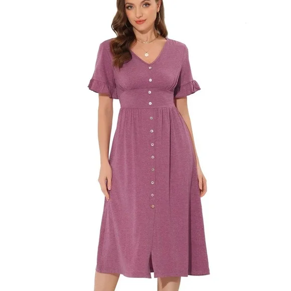 Allegra K V Neck Button Front Ruffle Sleeve‎ Midi Dress Fuchsia XL