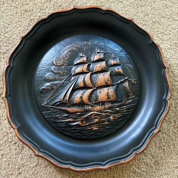 Coppercraft Guild Ship 10” Vintage Wall Hanging Plate 1974