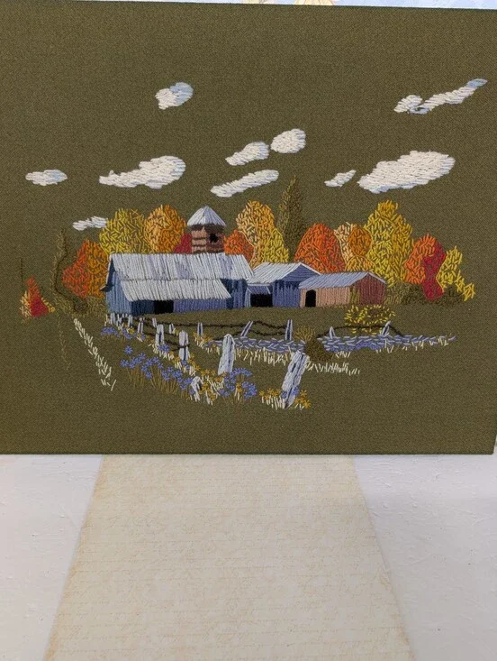 Vintage Crewel Work Autumn Barn Wall Art - Olive, Orange & Blue 1970