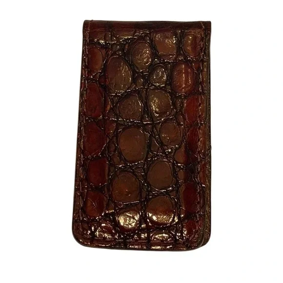 Vintage‎ Genuine Alligator Leather Magnetic Money Clip Dark Brown Exotic Skin