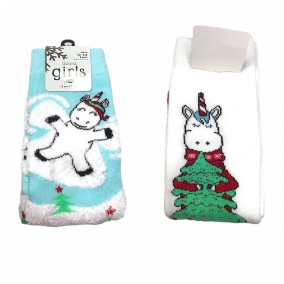 Apara Christmas Tree Unicorns Crew Socks, 2Pairs, White