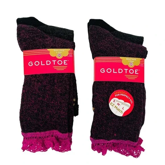 Nwt Gold Toe Girls Dress‎ Socks Size M 9-1.5 Kids Boot Crochet Lace 2 Pack