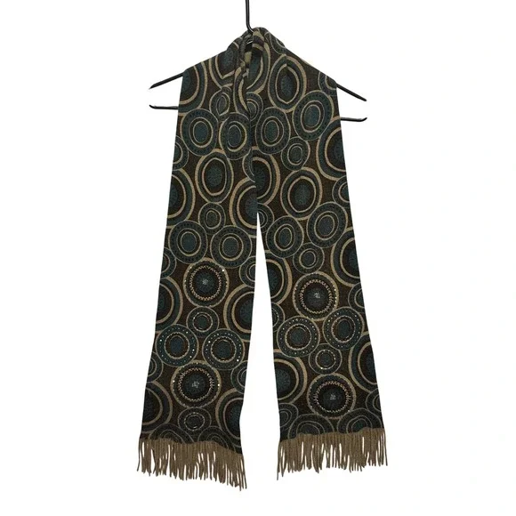 ECHO‎ Scarf Women's Geometric Circle Pattern Fringe Acrylic Brown Teal Statement