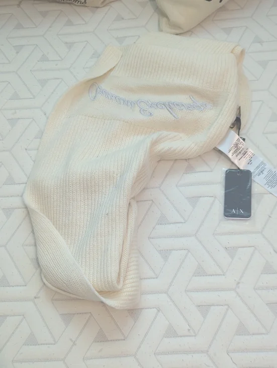 A|X Armani Cream Ribbed Knit Scarf with Script Logo New With Tags