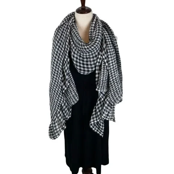 Ted Baker London Penny Gingham Frill Ruffle‎ Scarf black and white 40“ square