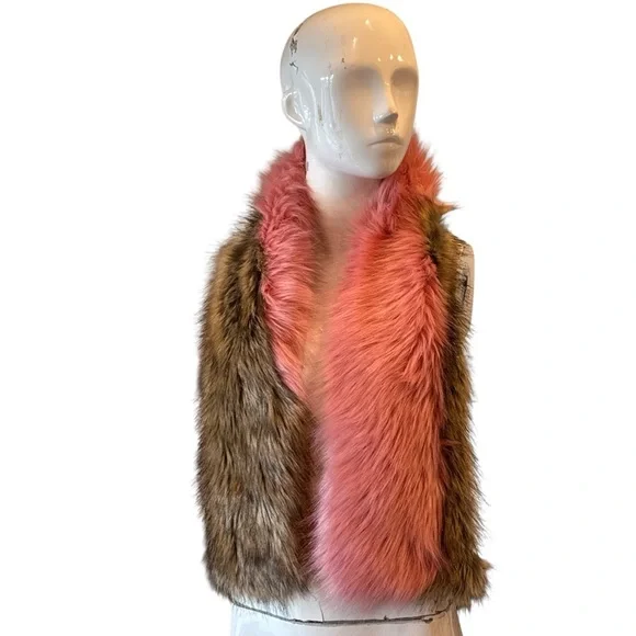 Faux Fur Colorblock Wrap Scarf Pink & Brown Glam Statement Stole Size OS