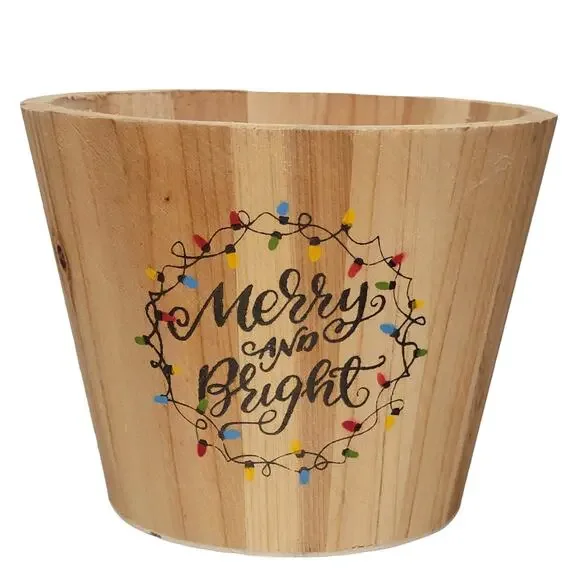 Christmas Wooden Bucket Merry and Bright Home Decor‎ Holiday Decoration Rustic