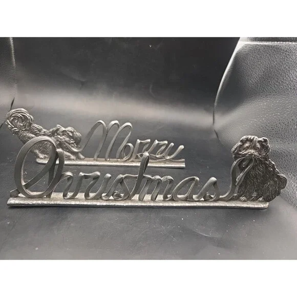 Metzke Pewter Vintage 2 Piece Merry Christmas  Dogs Pulling Ribbon for Mantle