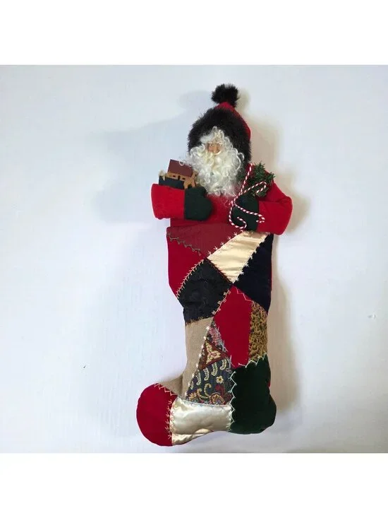 Vintage House of Hatten Crazy Quilt Patchwork Stocking 3D Santa Folk Art