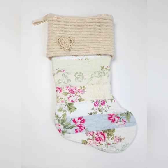 Upcycled Quilted Shabby Chic Christmas Stocking Ivory and Pink Floral
