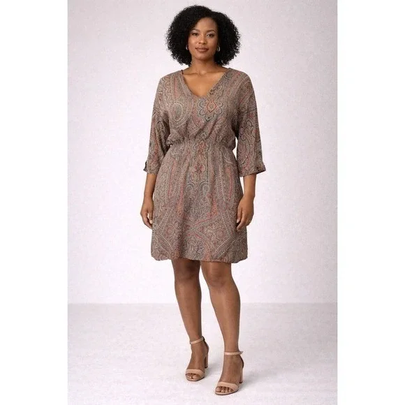 Zara Woman Medium Paisley Silk‎ Blend V-Neck Elastic Waist Boho Mini Dress M