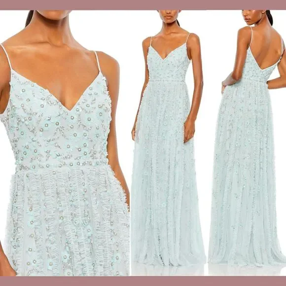 NWT Mac Duggal [ 0 ] 9166 Embellished Ruffled Spaghetti Strap A line Gown‎ Q844