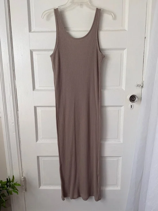 H&M Taupe Ribbed Knit Sleeveless Maxi Dress Neutral Casual Summer Cotton Blend L