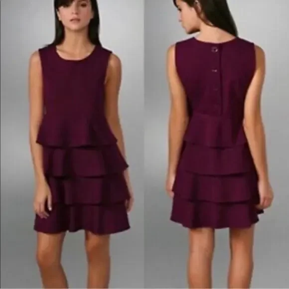 THEORY Cupid Prosema Selma Tiered Ruffle Skirt Button Back Tank Plum Dress Small