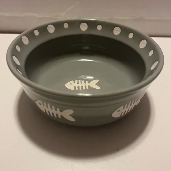 Signature PAWS & FISH PET BOWL Dog cat food water dish Ceramic, Fish Bone