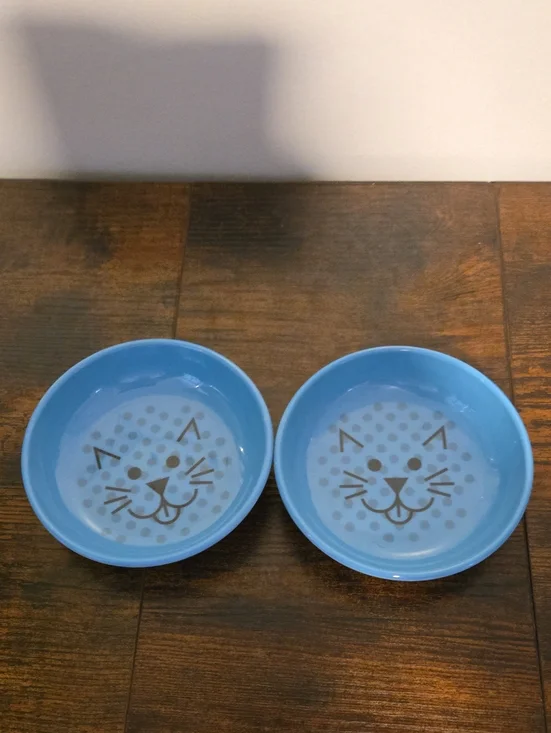 Blue Cat Face Pet Bowls - Set of 2