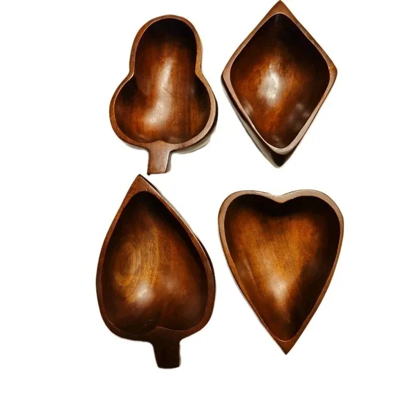 MCM Monkey Pod wood bowls playing card suit shapes. Set Of 4 Snack Bowls